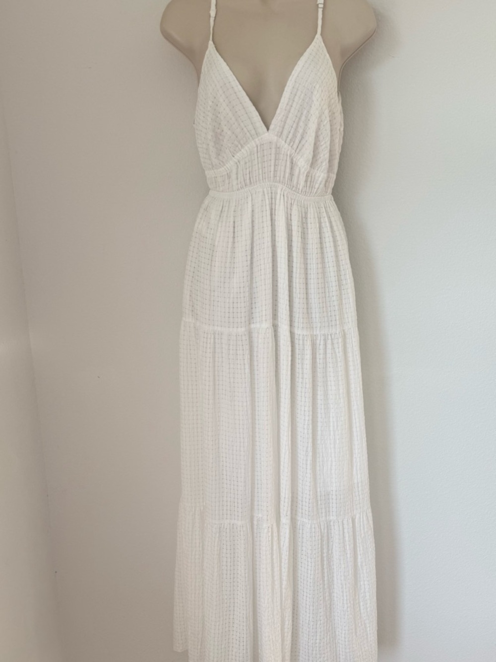 White flowy Maxi Deep V-Neck Small Dress Textured Cottagecore Boho Beach Bridal - Picture 3 of 7